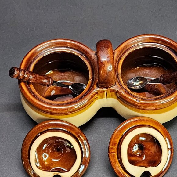 Vintage Stoneware Double Condiment Crock Set with Spoons and Lids - Picture 4 of 10